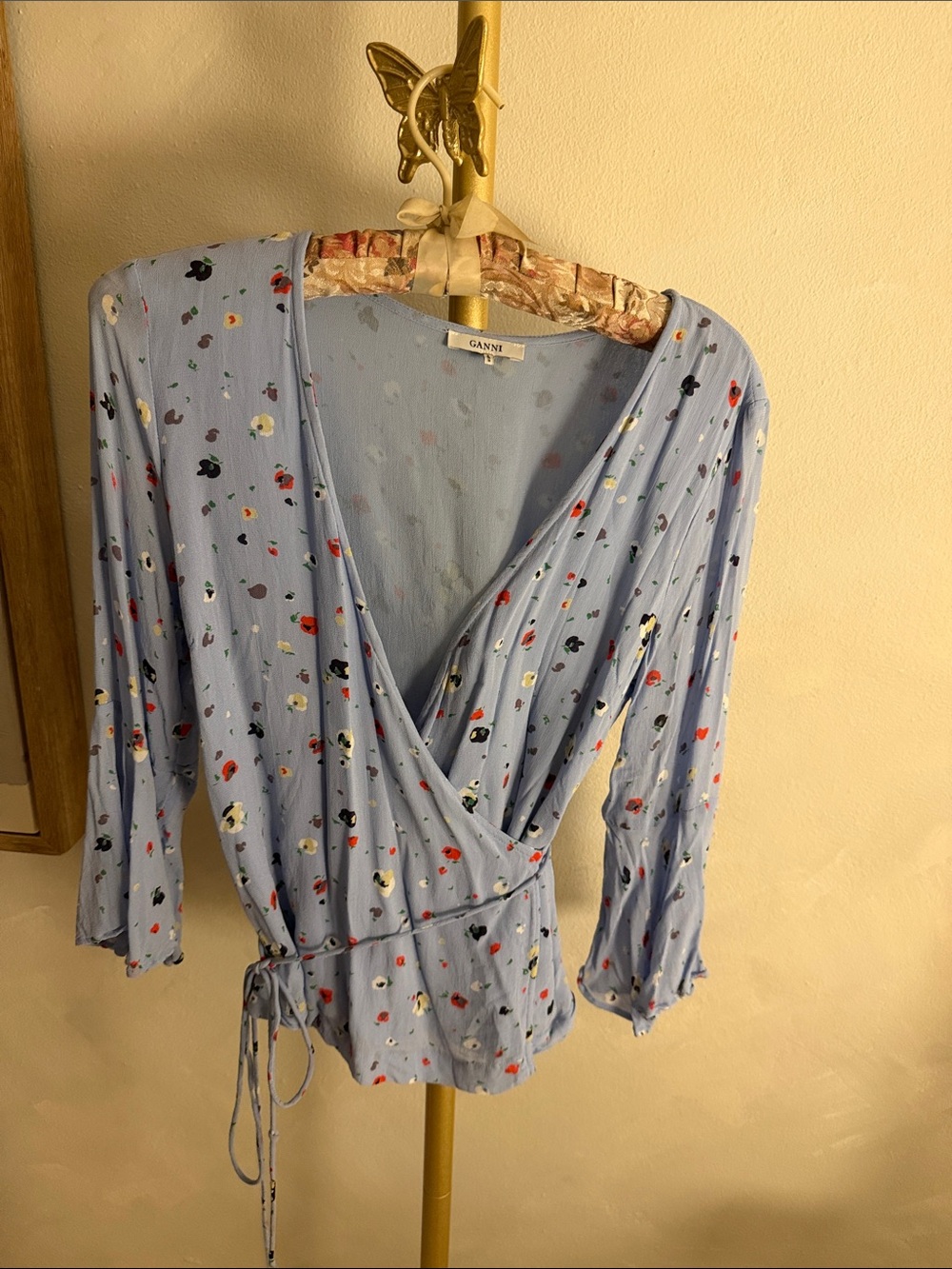 Ganni Pale Blue Floral Wrap Top